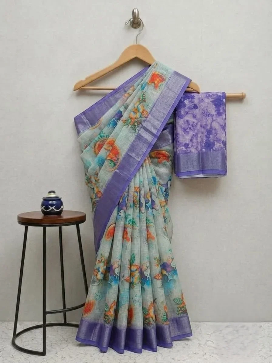 Light Grey-Blue Handloom Linen Cotton Saree